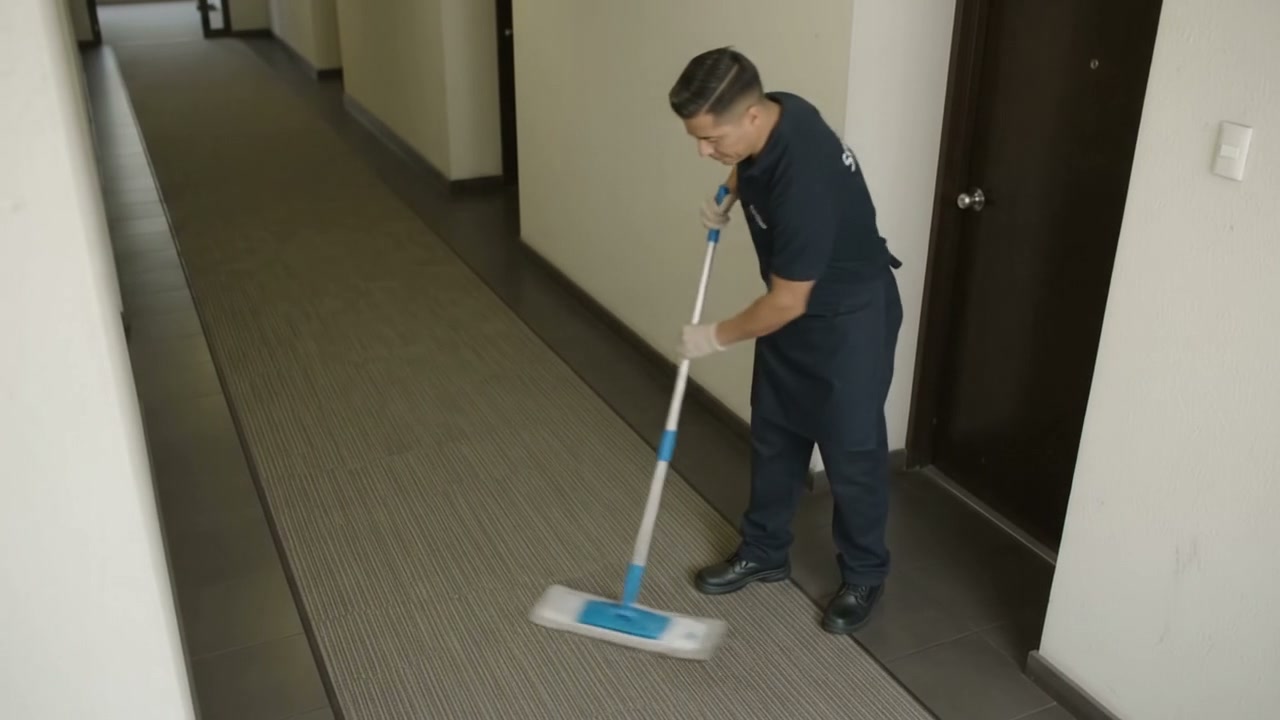 Auxiliar de SmartGlow aseando el pasillo de un piso de departamentos