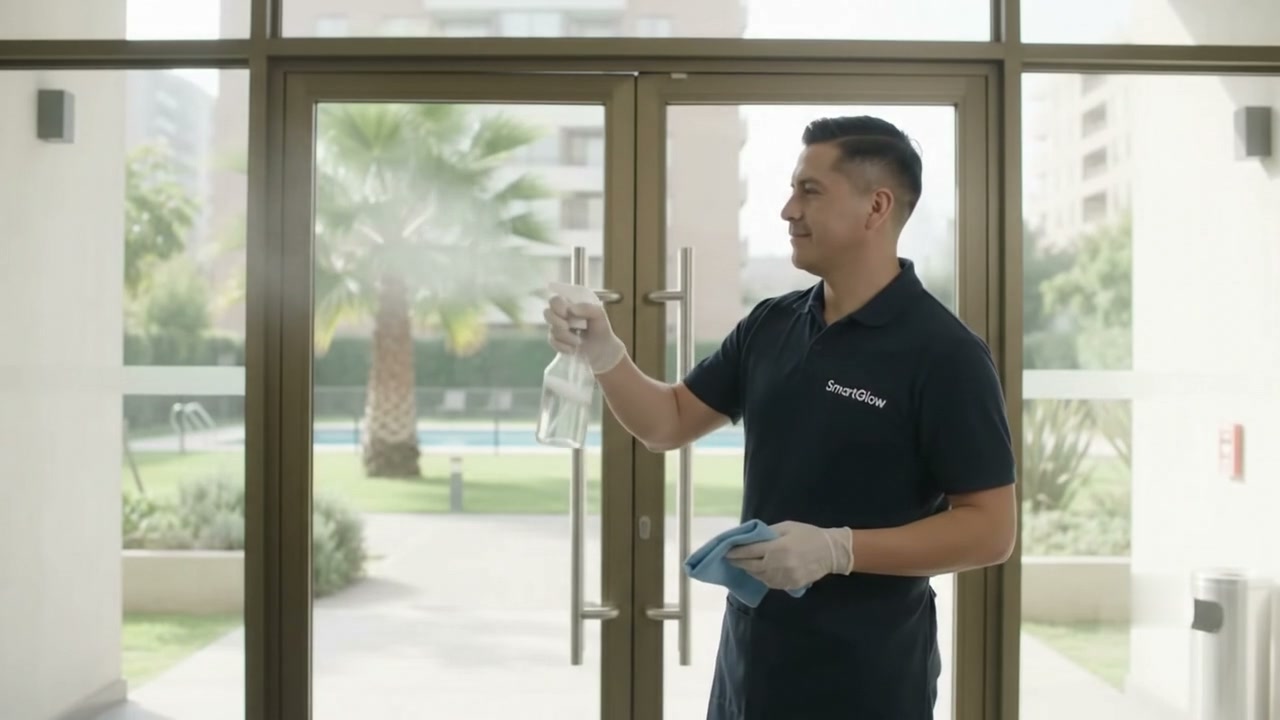 Auxiliar de SmartGlow limpiando los vidrios de la puerta de acceso